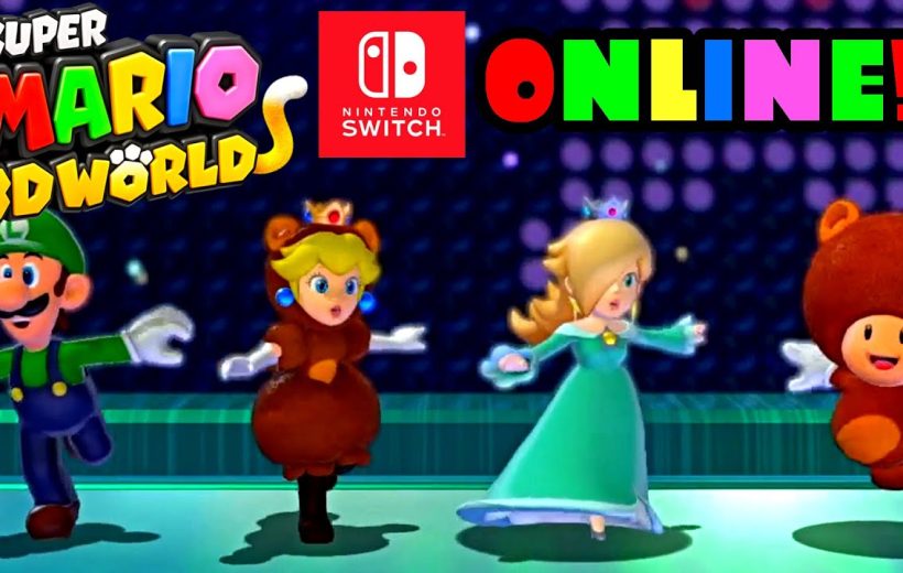 Luigi, Peach in cat and bear costumes, Rosalina, and Toad dancing in Super Mario 3D World