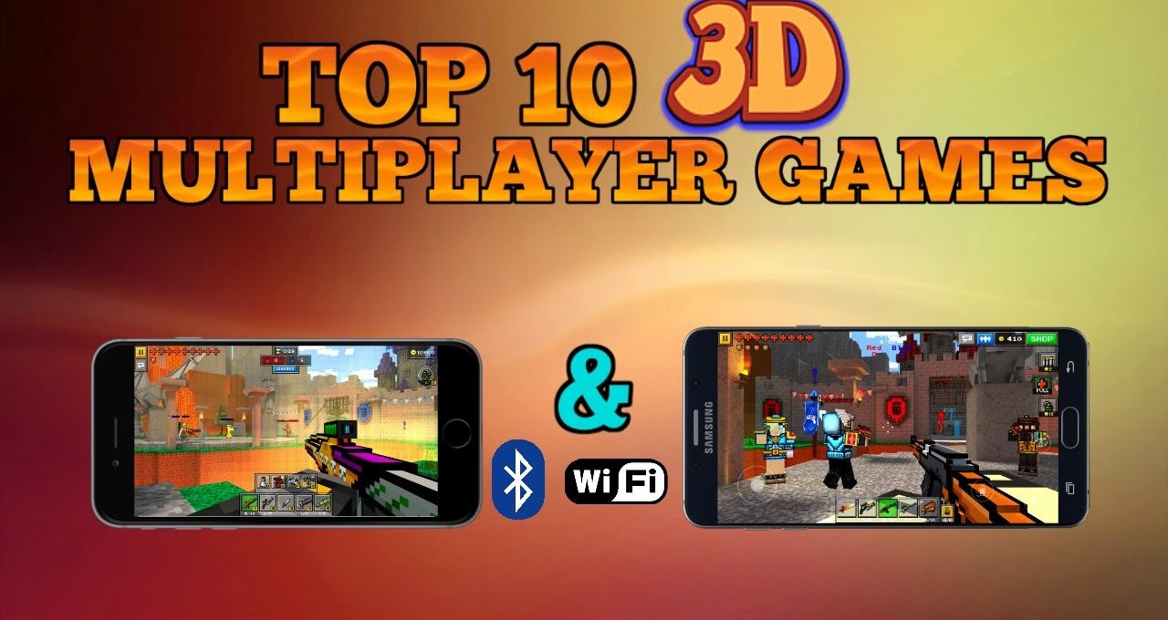 Two smartphones showing a split-screen 3D multiplayer shooter gameplay with Bluetooth and Wi‑Fi icons