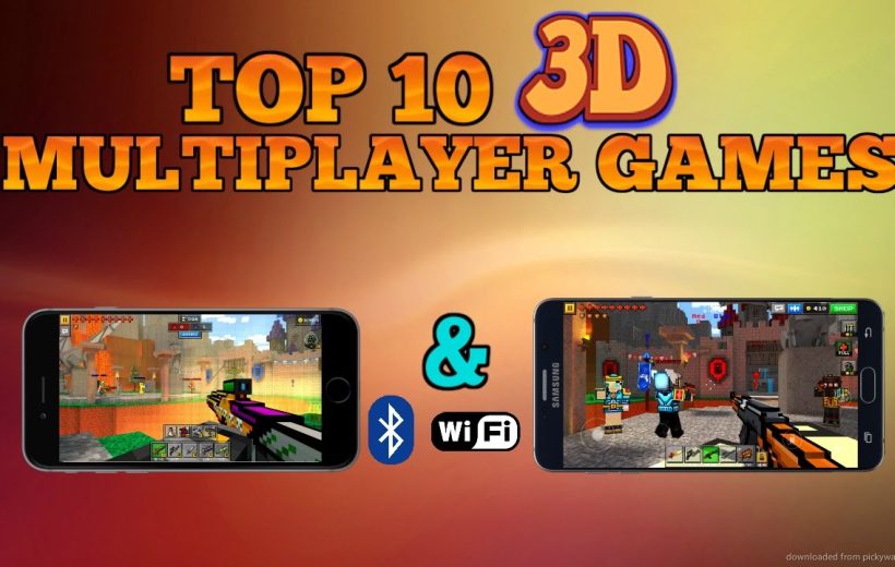 Two smartphones showing a split-screen 3D multiplayer shooter gameplay with Bluetooth and Wi‑Fi icons