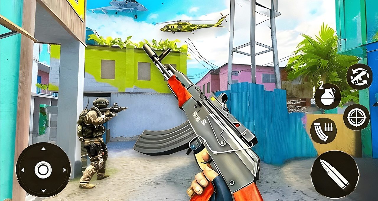 First-person shooter view holding assault rifle in colorful urban combat map.