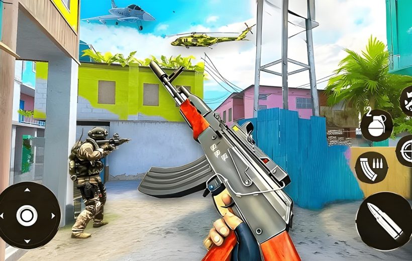 First-person shooter view holding assault rifle in colorful urban combat map.