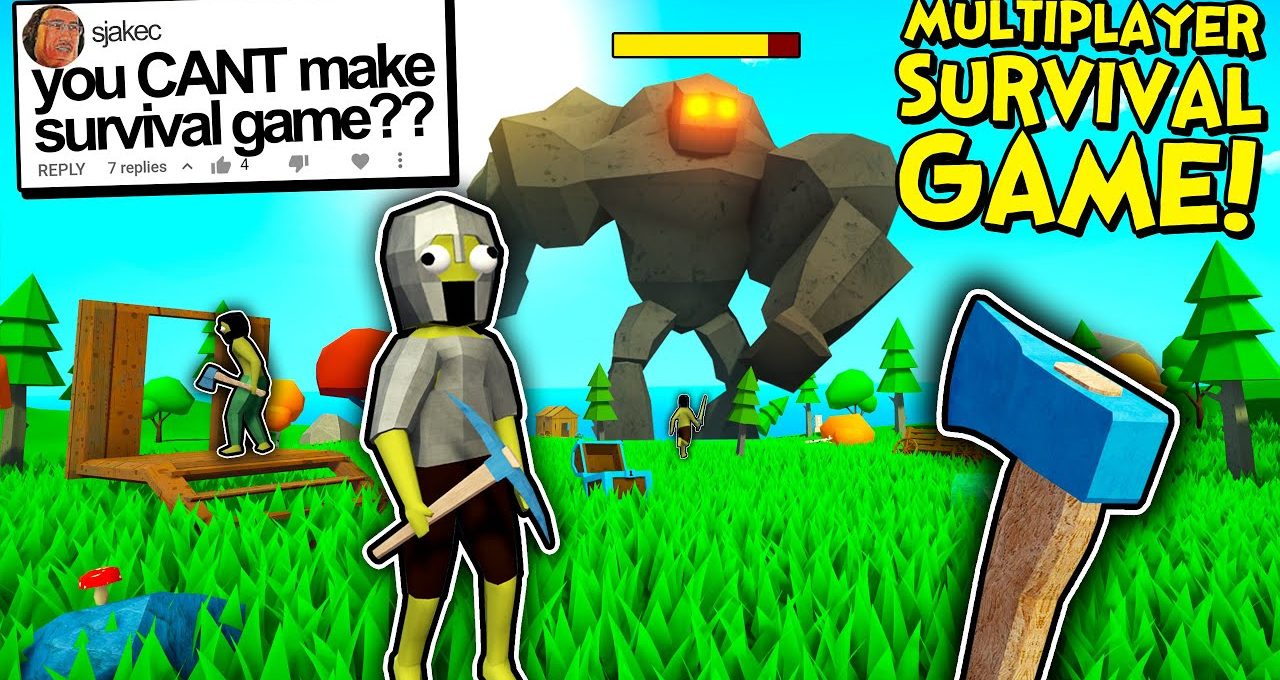 Cartoon survivor holding pickaxe in grassy world facing giant stone golem and players