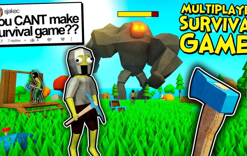Cartoon survivor holding pickaxe in grassy world facing giant stone golem and players