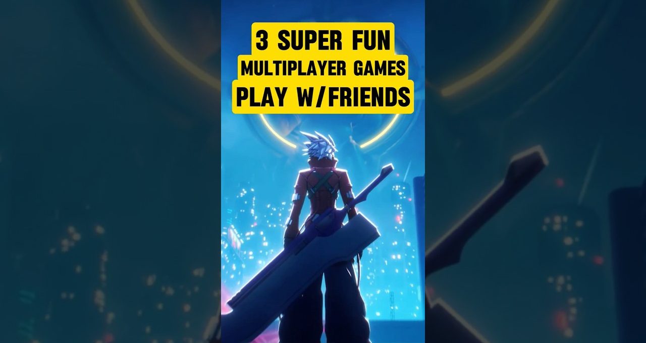 Anime-style warrior holding oversized sword overlooking neon city with text about multiplayer games