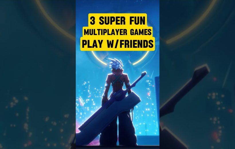 Anime-style warrior holding oversized sword overlooking neon city with text about multiplayer games