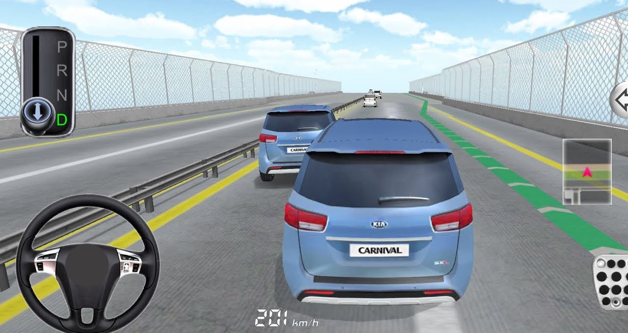 Two blue Kia Carnival SUVs driving on a divided highway in a driving game