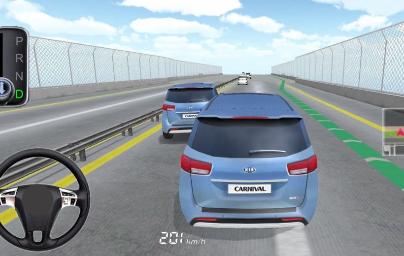 Two blue Kia Carnival SUVs driving on a divided highway in a driving game