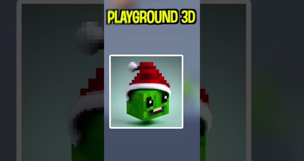 Pixelated green cube character wearing a red Santa hat centered on a light background