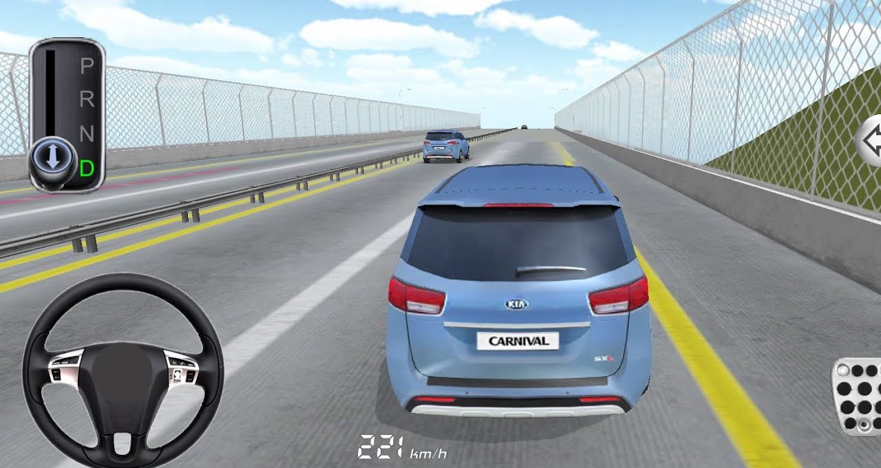 Blue Kia Carnival minivan driving on a highway in a driving game interface