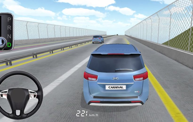 Blue Kia Carnival minivan driving on a highway in a driving game interface