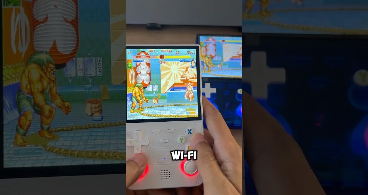 Handheld retro gaming console displaying a fighting game being played with Wi-Fi label