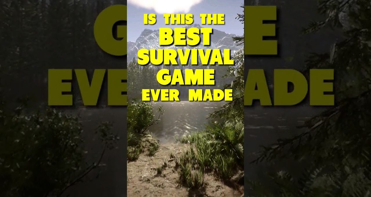 Mountain lake shore with forested banks and bold yellow text asking about best survival game