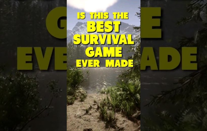 Mountain lake shore with forested banks and bold yellow text asking about best survival game