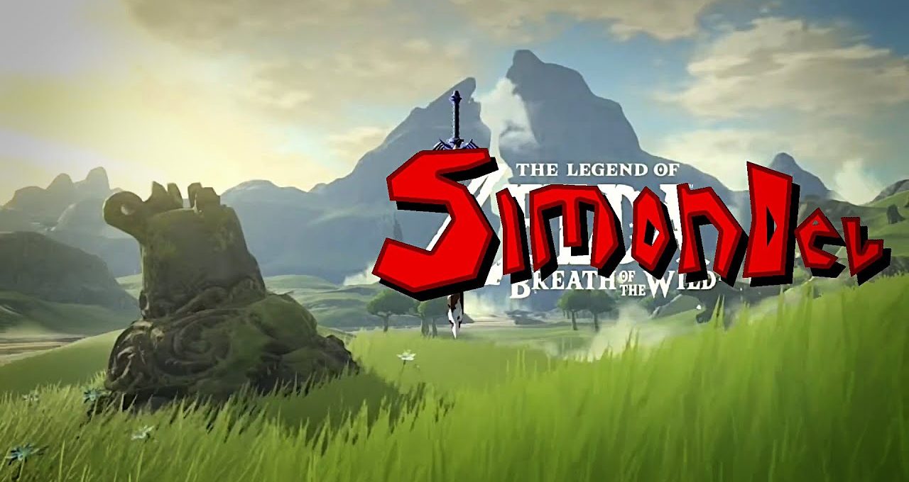 Open grassy field with distant mountains and a stylized red "Simondel" logo overlaying scene