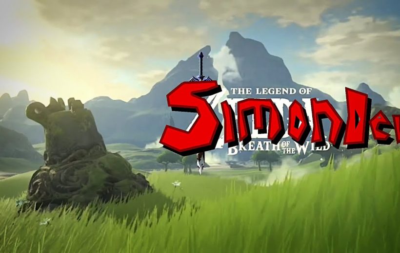 Open grassy field with distant mountains and a stylized red "Simondel" logo overlaying scene