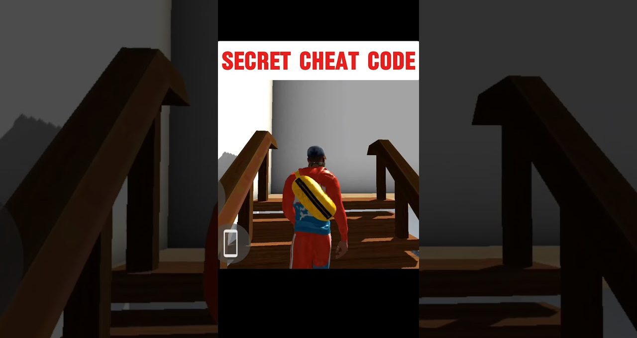 Player character wearing backpack and red outfit ascending wooden stairs under "SECRET CHEAT CODE" text