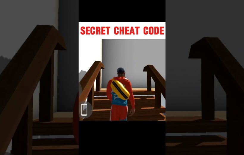 Player character wearing backpack and red outfit ascending wooden stairs under "SECRET CHEAT CODE" text