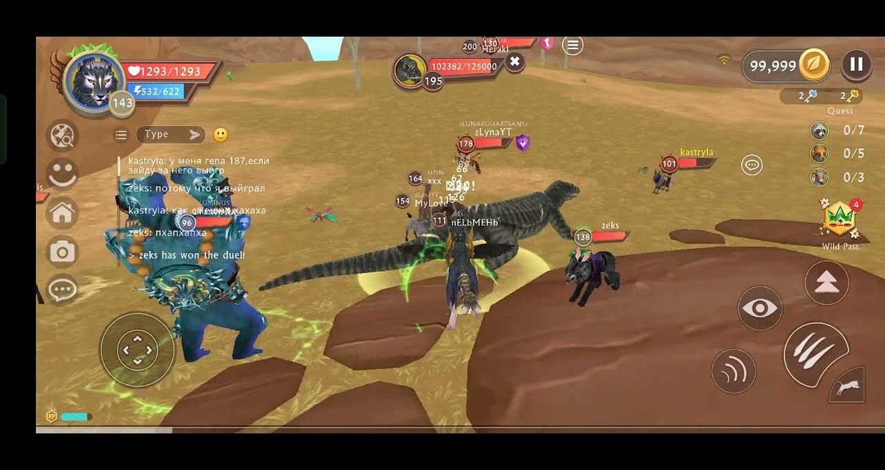 Multiplayer RPG battle showing players and creatures fighting a large reptile boss in desert
