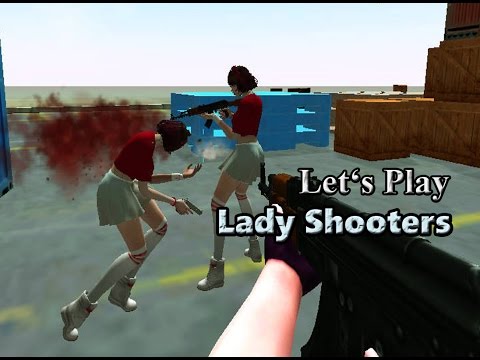 First-person shooter view aiming at two female characters in school uniforms fighting