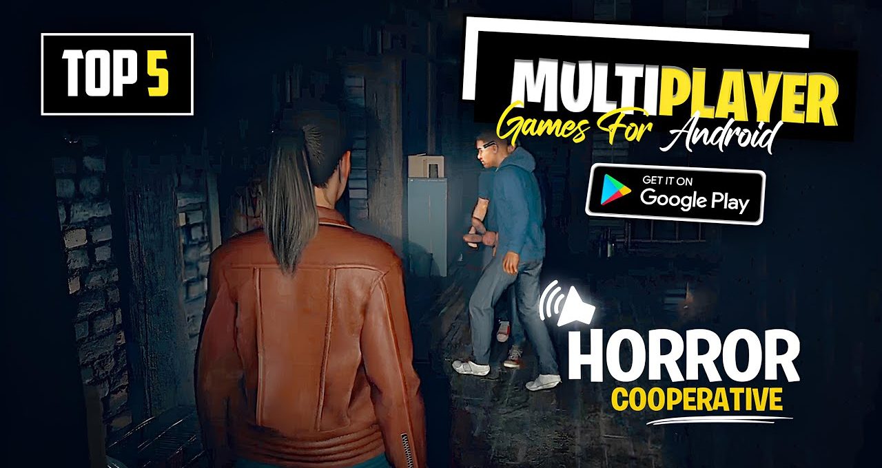 Two players explore a dark, abandoned corridor in a cooperative horror game.