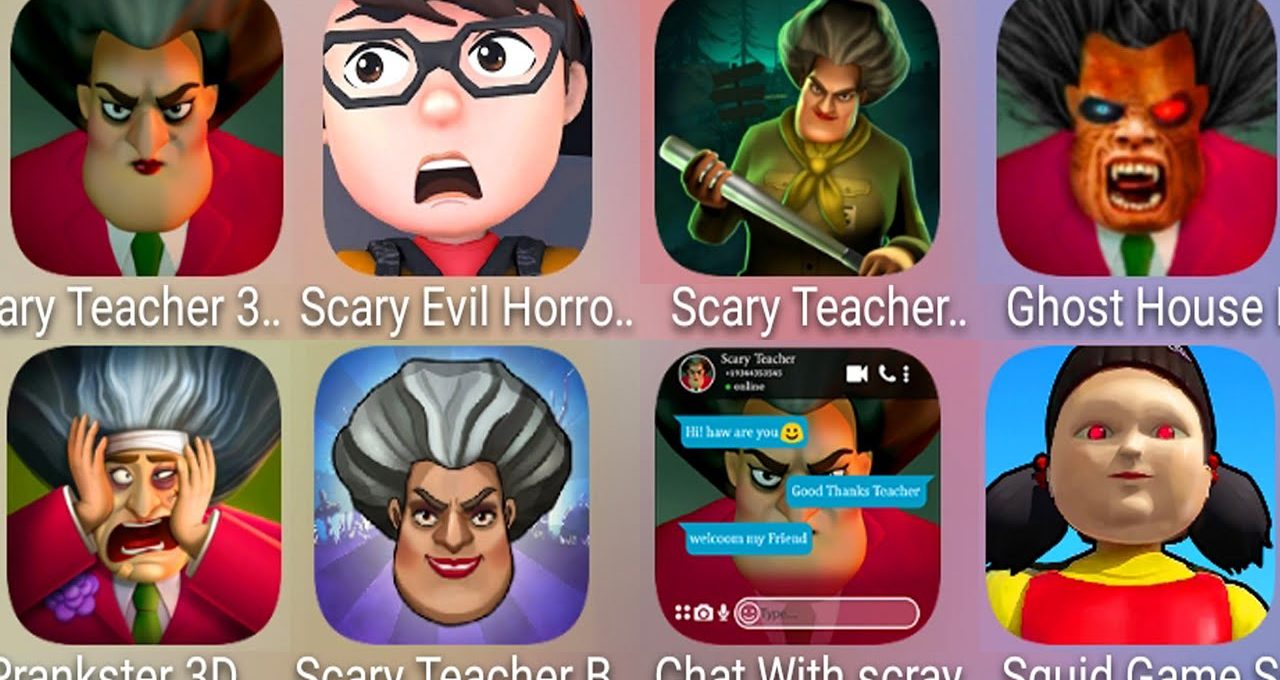 Grid of horror-themed mobile game icons showing sinister teachers, monsters, and creepy characters