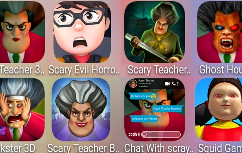 Grid of horror-themed mobile game icons showing sinister teachers, monsters, and creepy characters