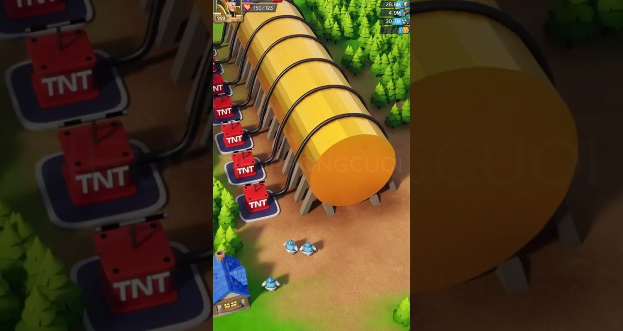 Game scene showing large yellow fuel tanks connected to TNT detonators near trees.