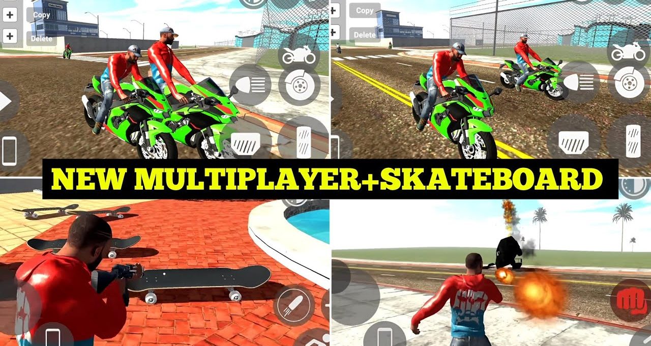 Four-panel game screenshot showing multiplayer motorcycles, skateboards, and a player firing explosions.