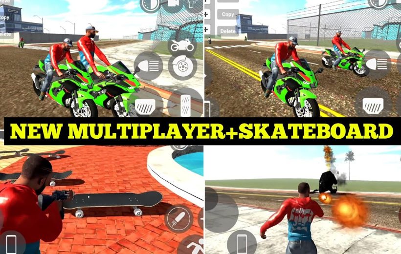 Four-panel game screenshot showing multiplayer motorcycles, skateboards, and a player firing explosions.