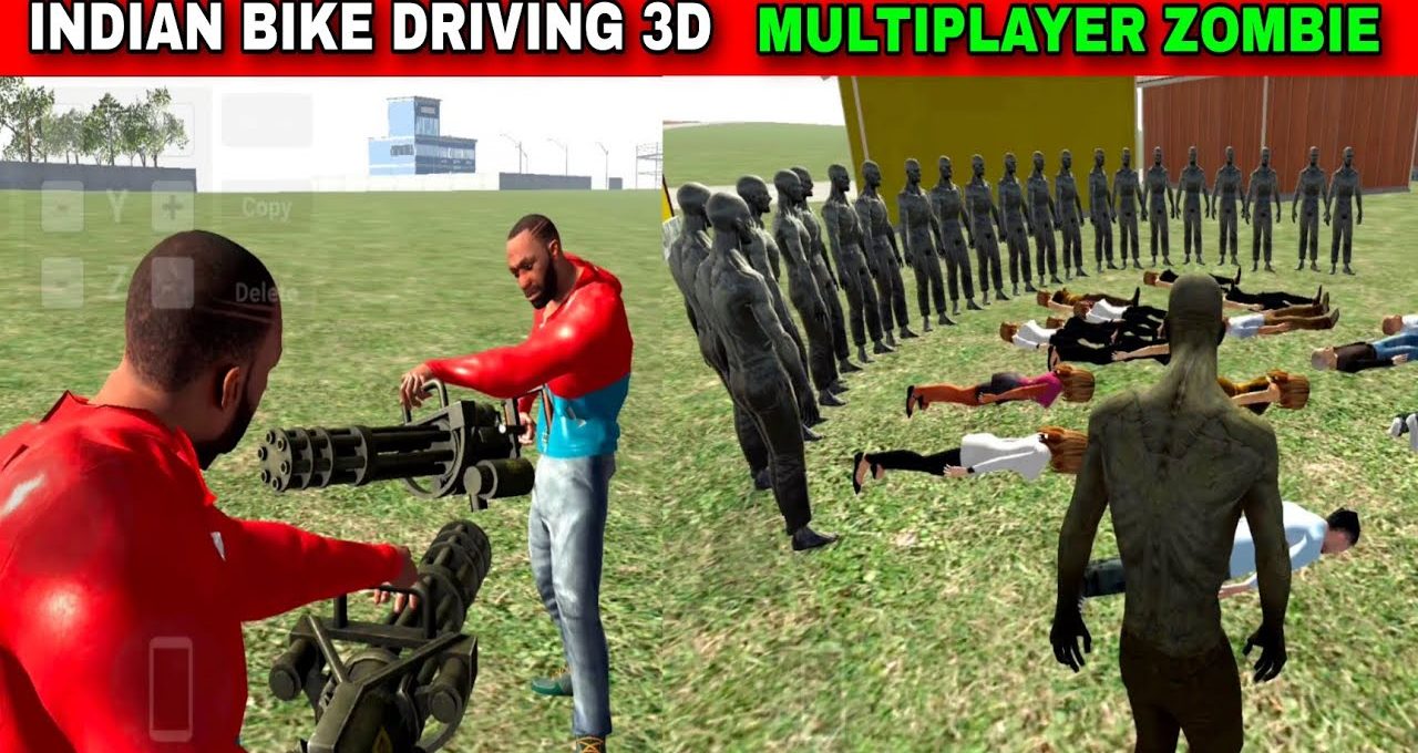 Two characters with mounted machine guns facing rows of zombies and fallen humans
