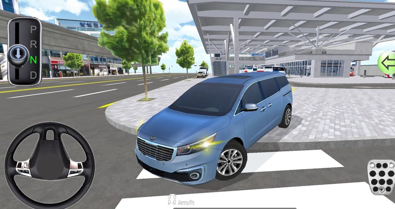 Blue minivan parked near a modern bus station in a city driving simulator