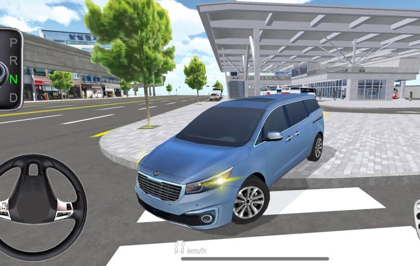 Blue minivan parked near a modern bus station in a city driving simulator