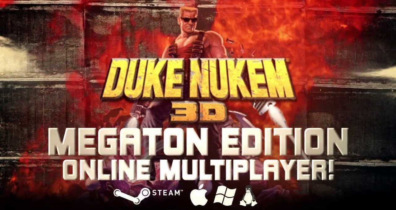 Duke Nukem 3D Megaton Edition logo with character, flames, and platform icons.