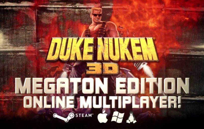 Duke Nukem 3D Megaton Edition logo with character, flames, and platform icons.
