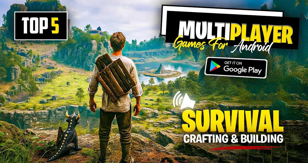 Man with wooden pack overlooking lush valley landscape, text promoting multiplayer survival crafting game