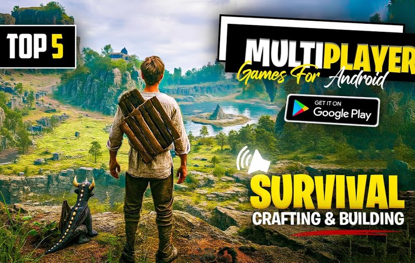 Man with wooden pack overlooking lush valley landscape, text promoting multiplayer survival crafting game