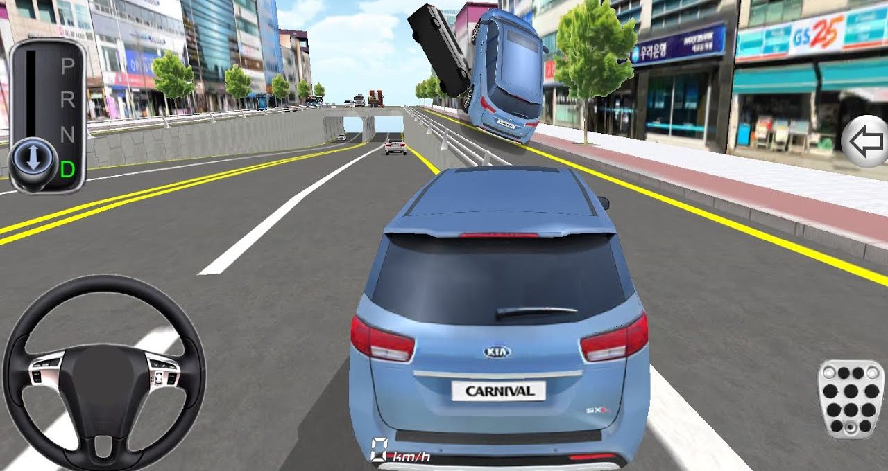 Blue SUV driving in city street with another car midair after collision ahead