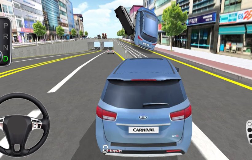 Blue SUV driving in city street with another car midair after collision ahead