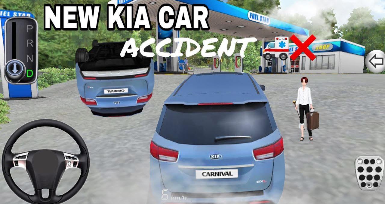 Blue Kia Carnival at a gas station with overturned car and walking passenger.