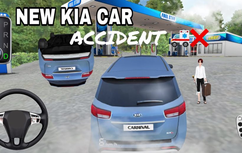 Blue Kia Carnival at a gas station with overturned car and walking passenger.