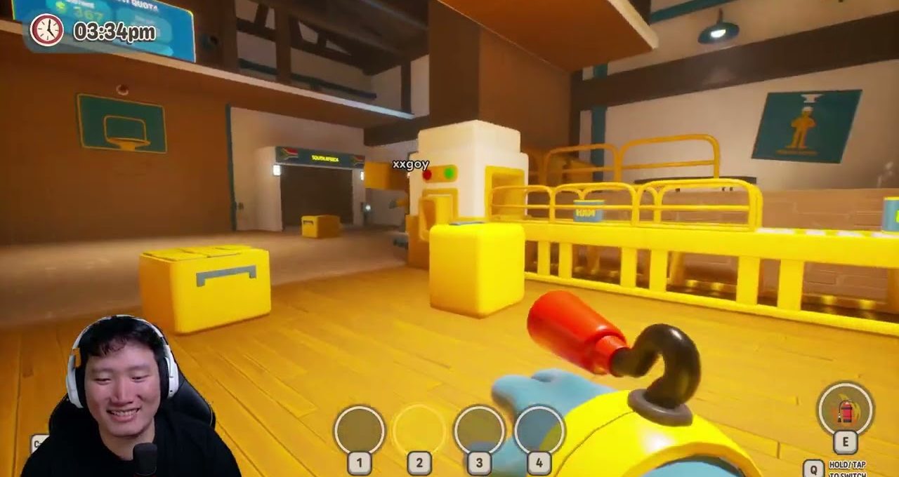First-person gameplay view in a bright yellow room with streamer facecam overlay