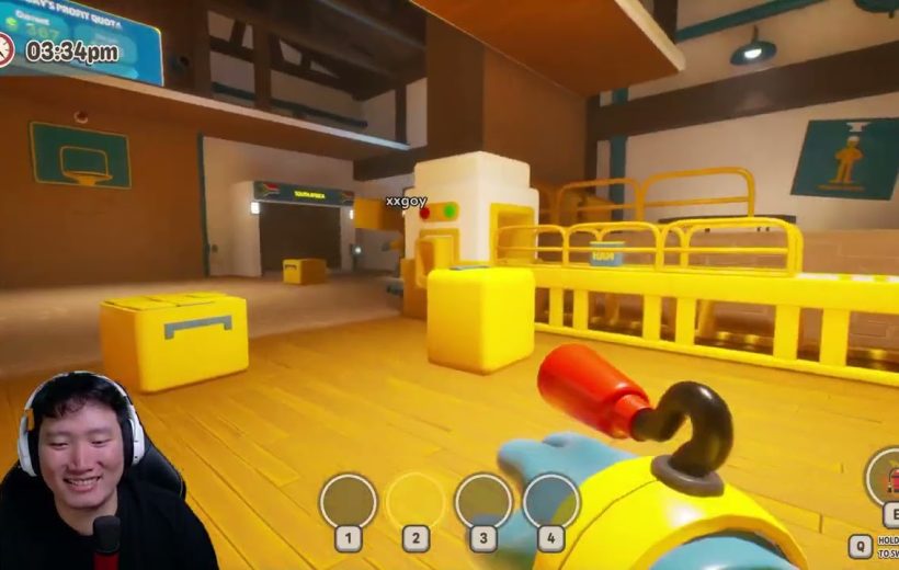 First-person gameplay view in a bright yellow room with streamer facecam overlay