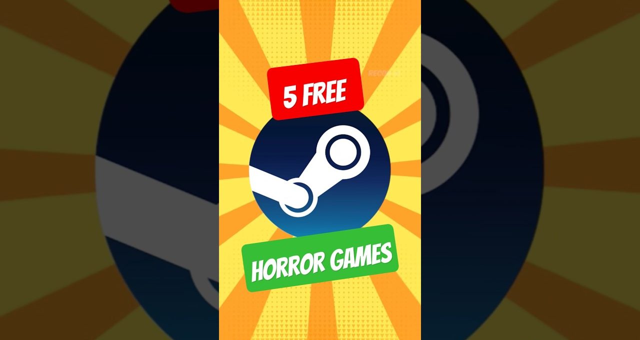 Steam logo with bold text announcing "5 free" and "Horror Games" on sunburst background