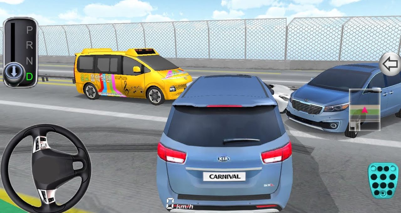Rear view of a blue minivan navigating traffic beside colorful taxis on highway