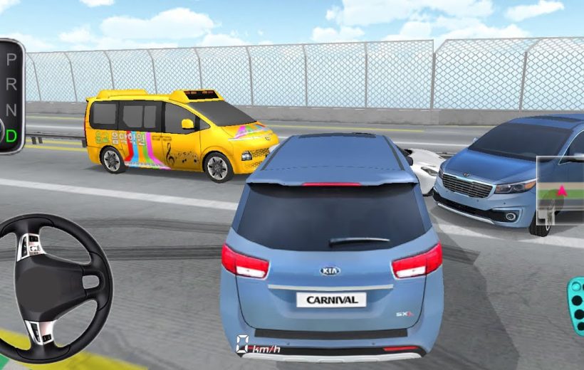 Rear view of a blue minivan navigating traffic beside colorful taxis on highway