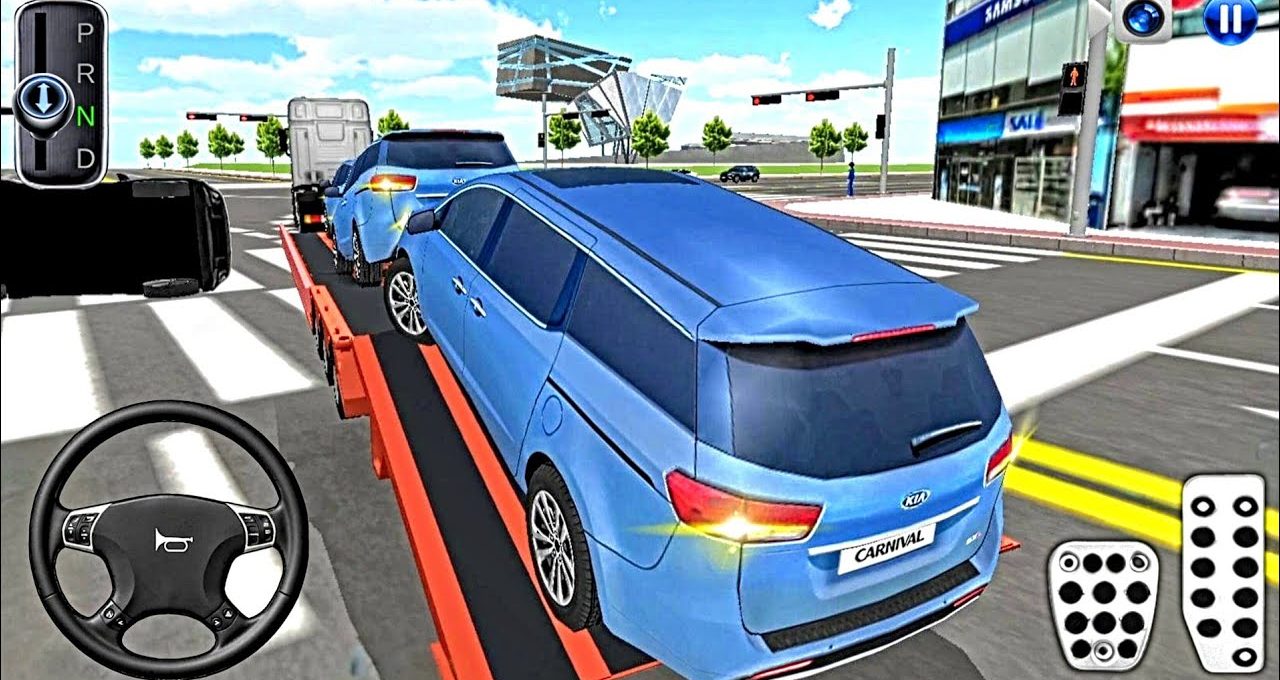 Blue Kia Carnival cars loaded on a tow truck driving through a city intersection