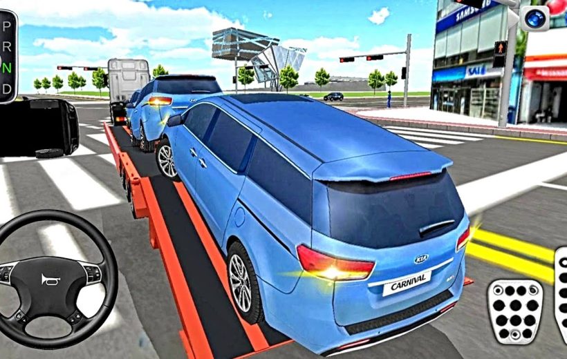 Blue Kia Carnival cars loaded on a tow truck driving through a city intersection