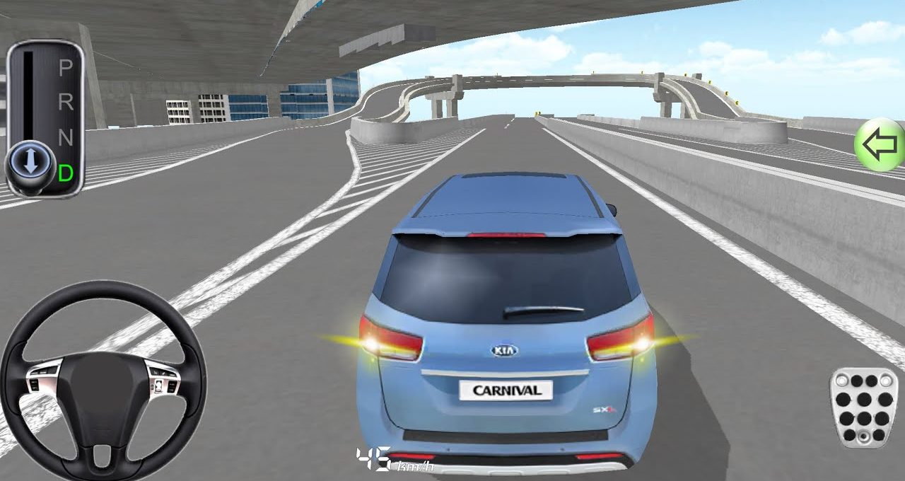 Blue Kia Carnival driving on elevated multi-lane highway in a driving simulator game