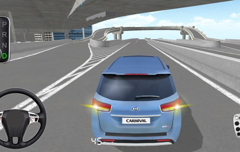 Blue Kia Carnival driving on elevated multi-lane highway in a driving simulator game