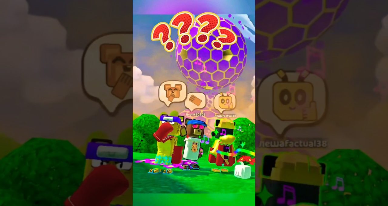 Three colorful Roblox avatars standing on grass under a large purple hexagon balloon